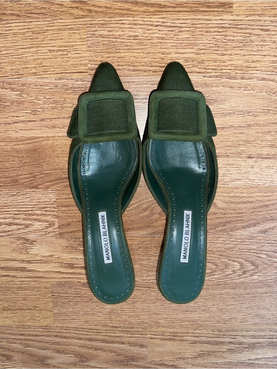 Manolo Blahnik Shoes - Manolo Blahnik Forest Green Square Buckle Pointed Toe Mules